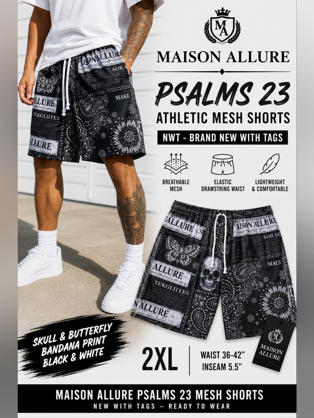 Maison Allure Psalms 23 Skull Bandana Mesh Shorts 2XL NWT